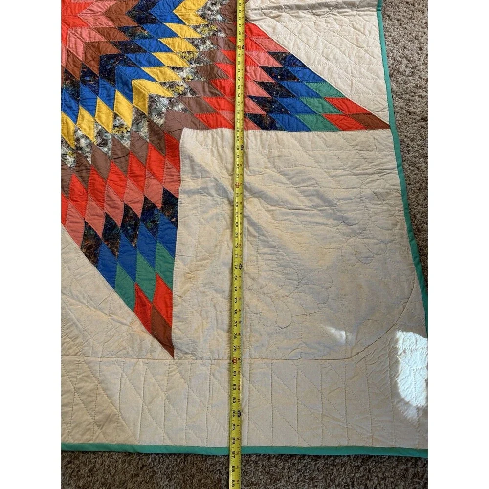 Vintage Handmade Lone Star Scrap Quilt Large Center Medallion Teal Border